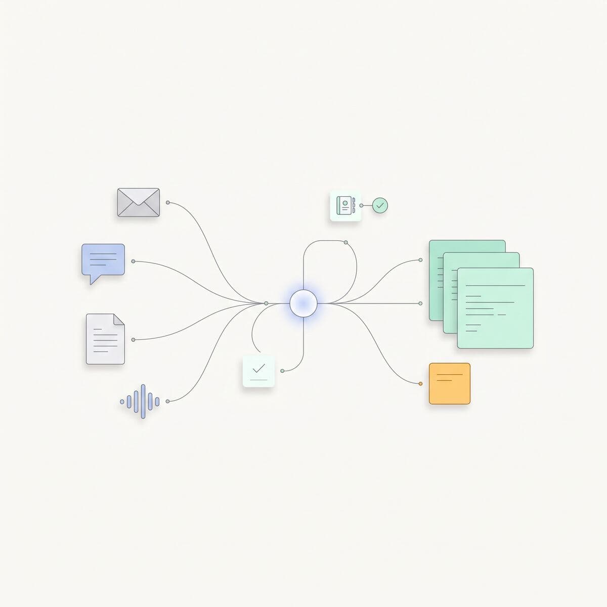 Messages, files and voice notes flowing through an agent into replies and notes