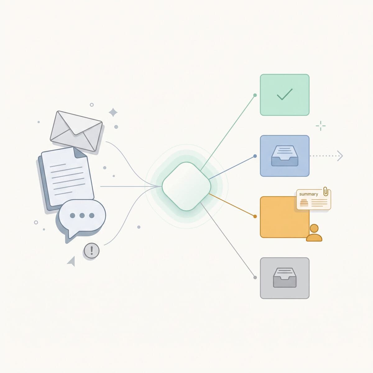 Emails and messages sorted by an agent into inboxes