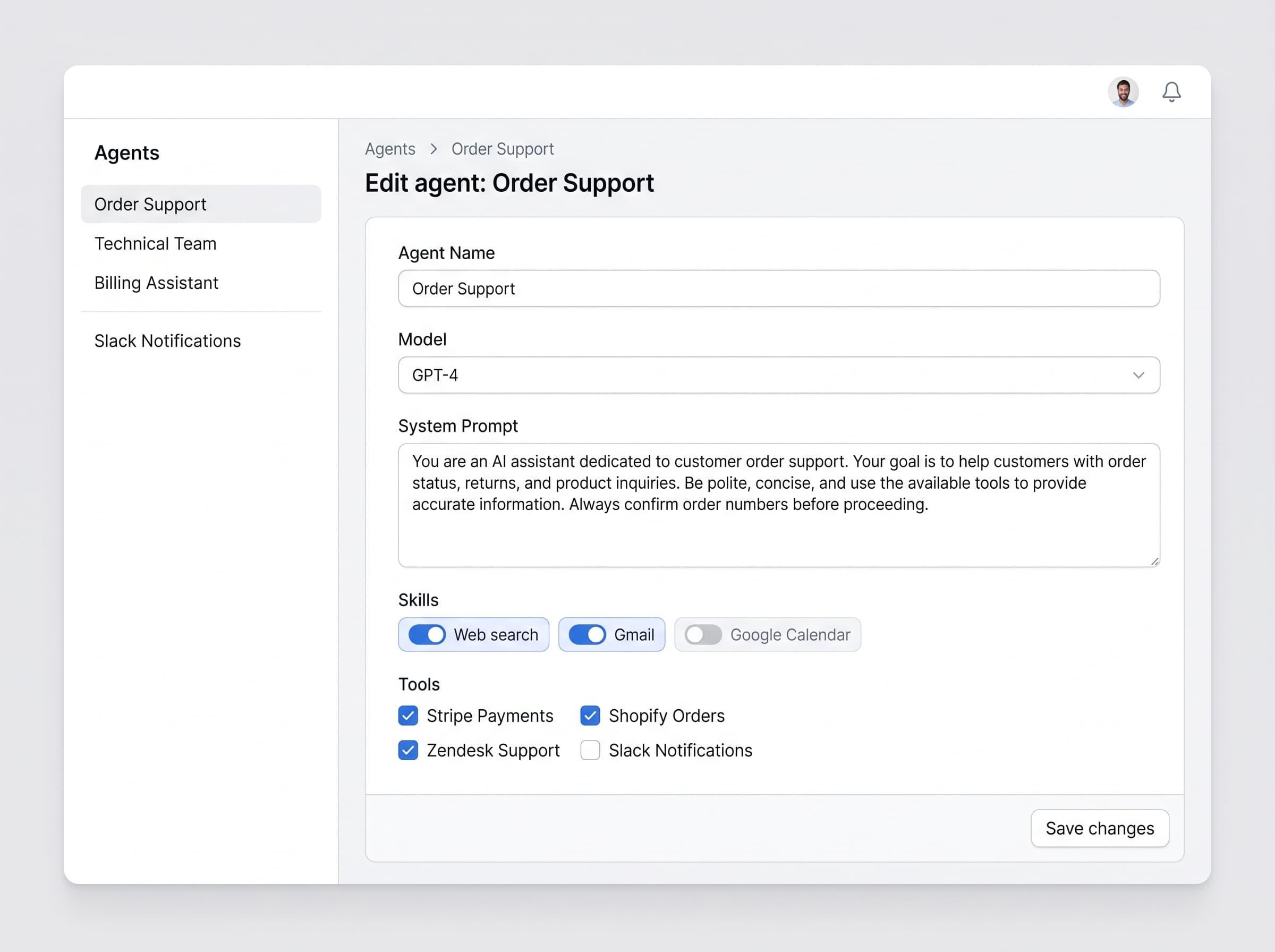 The Edit agent panel in Oido Studio: name, model, system prompt, skills and tools for a real agent.