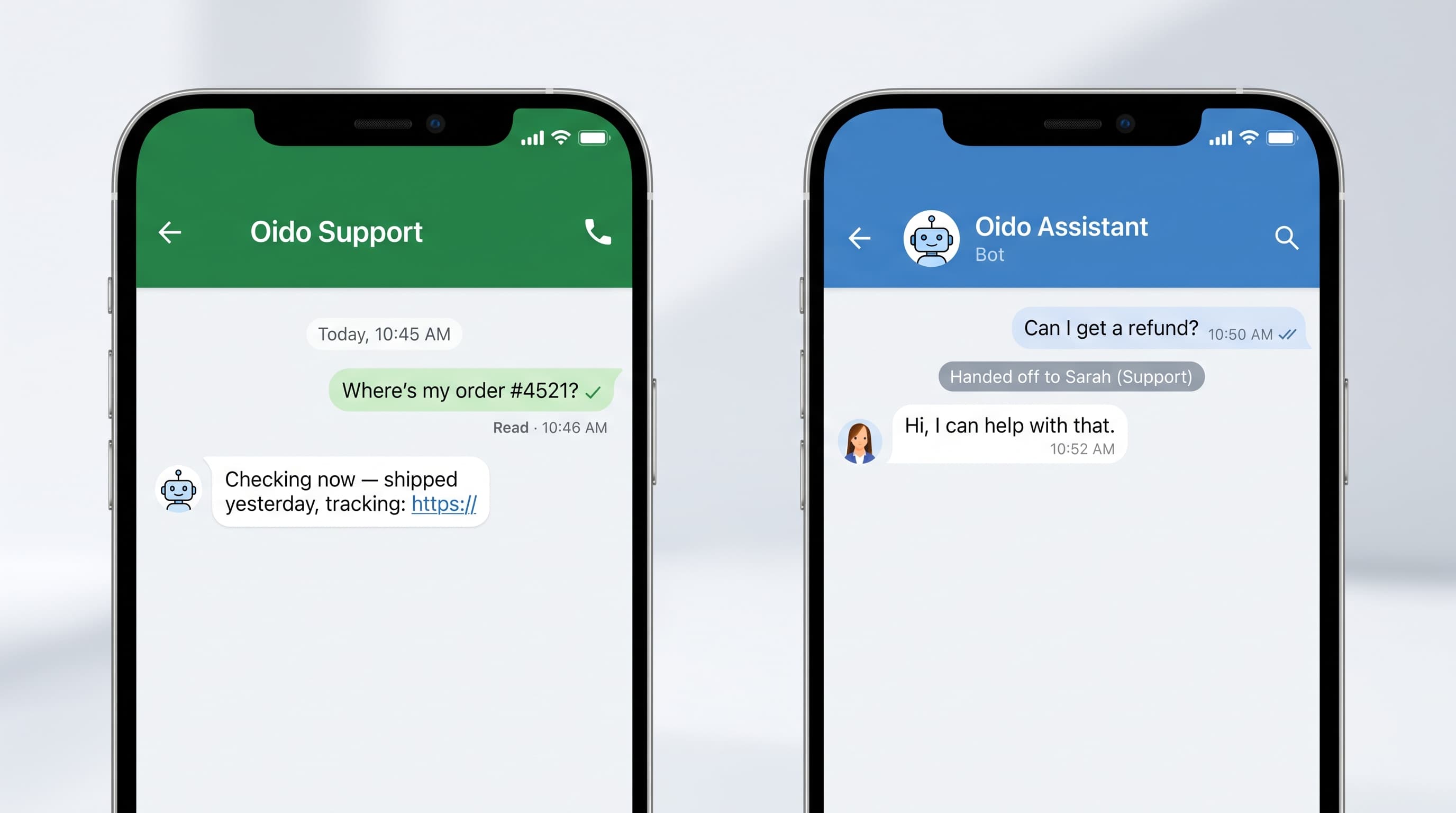 A WhatsApp and Telegram conversation with an Oido bot agent, with one message handed off to a human teammate.