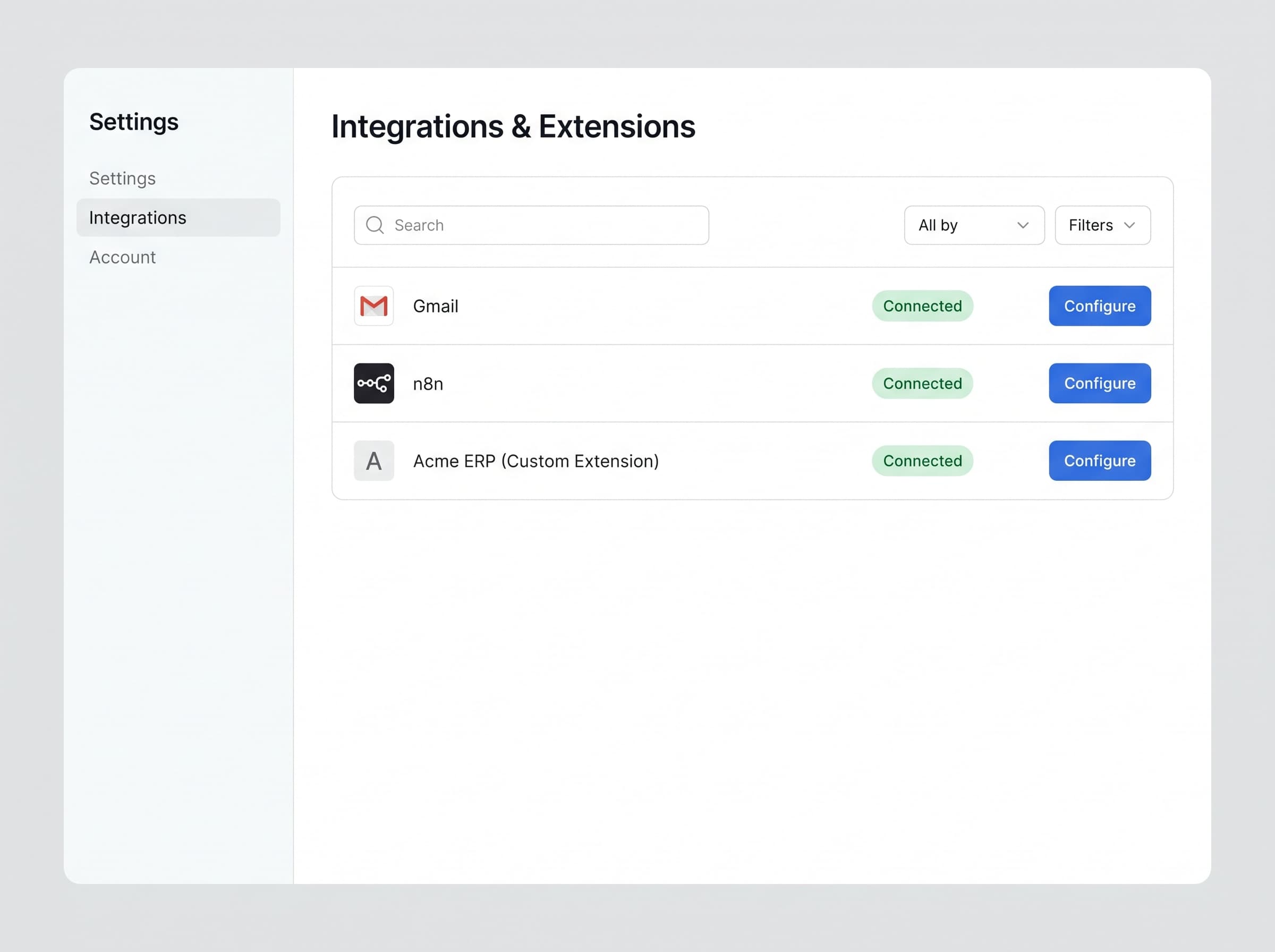 The Extensions settings page: connected tools each with a status badge and a Configure button.