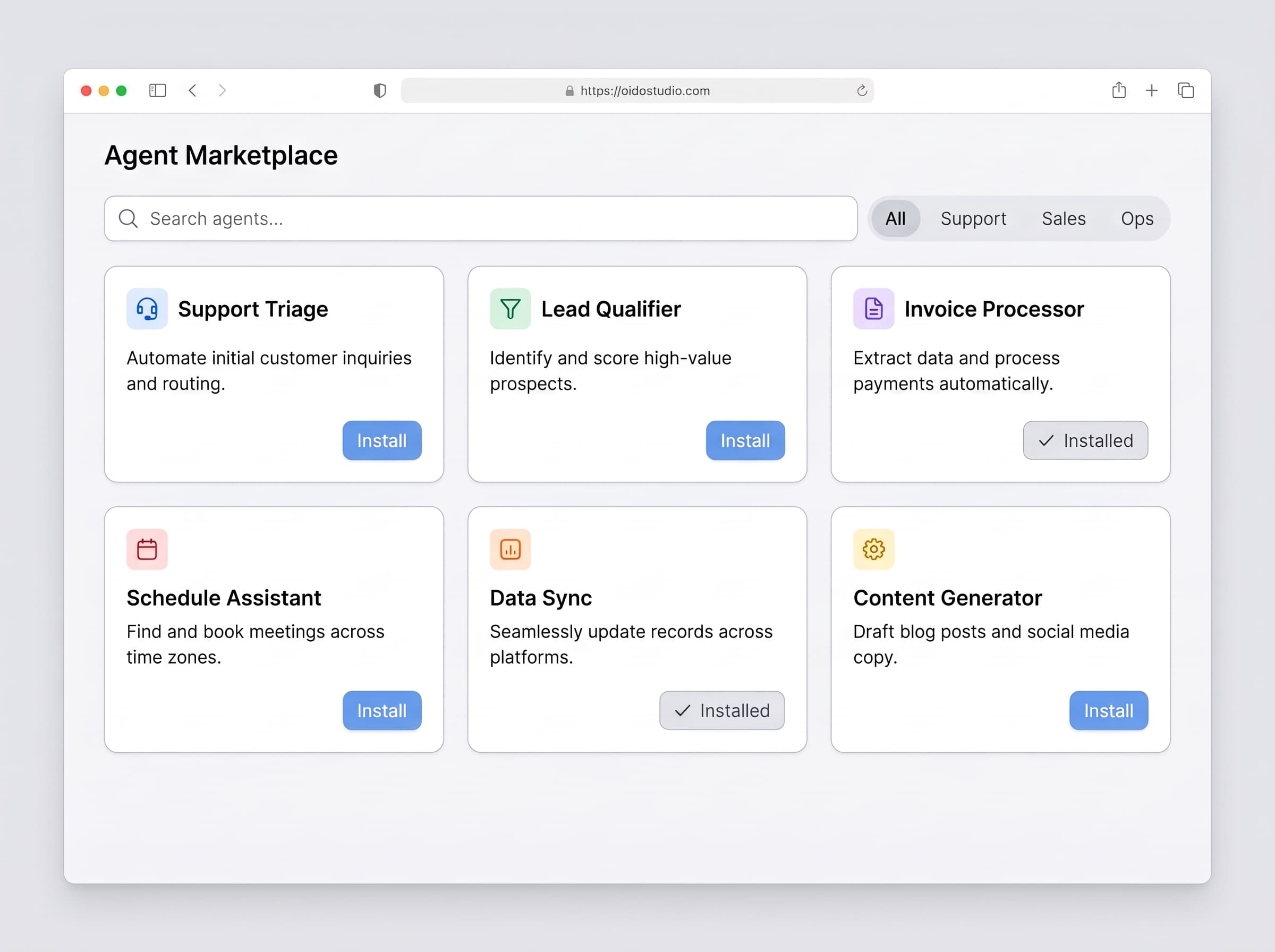 The Marketplace page in Oido Studio: category filter, search, and a grid of installable agents.
