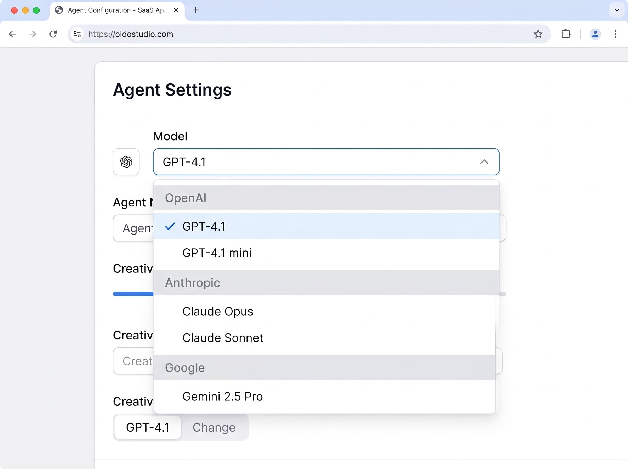 The model selector inside the Edit agent panel, listing models grouped by provider.